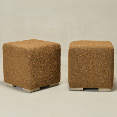 Bouclé Square Ottoman – Brown Modern Footstool | Small Upholstered Ottomans | Kinwell Furniture | Minimalist Cube Poufs